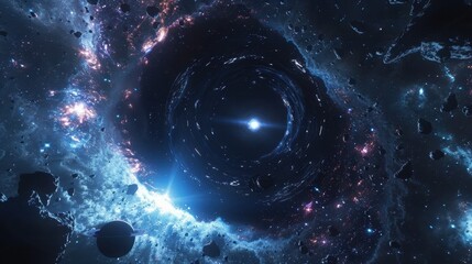 Abstract black hole with a galaxy in the background Abstract space with a black hole and starlight