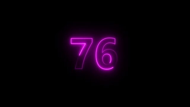 Neon text 76 number icon background. neon glowing countdown number 76 , Number 76 Animation. 76 percentage discount animated.