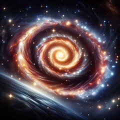 Rotating spiral galaxies with shimmering stars and nebulae