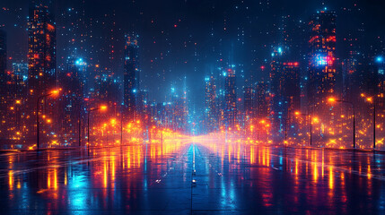 Digital rendering of a futuristic city glowing at night with tall smart buildings and abstract modern architecture symbolizing innovation technology and urban progress

