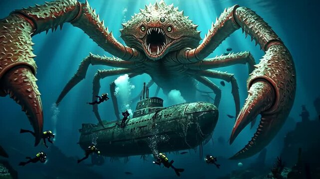 Underwater encounter with a giant crab and submarine exploration.
