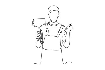 Single continuous line drawing handyman wearing building construction uniform while holding paint roller. Home painted wall renovation service. Dynamic one line draw graphic design vector illustration