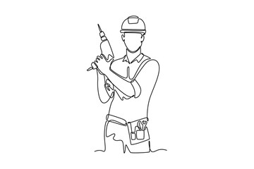 Continuous one line drawing handyman wearing helmet and uniform holding drill machine with two hands. Repairman construction maintenance services. Single line draw design vector graphic illustration