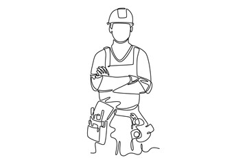 Single continuous line drawing young construction builder wearing uniform, tools belt, helmet while crossing his hands. Craftsman home repair services. One line draw graphic design vector illustration
