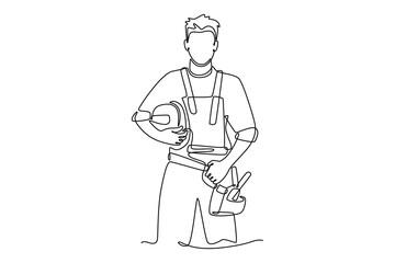 Single continuous line drawing young craftsman wearing building construction uniform while holding helmet. Handyman house renovation service concept. One line draw graphic design vector illustration