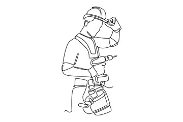 Single continuous line drawing young handyman wearing helmet and uniform while holding drill machine. Repairman work construction maintenance services. One line draw graphic design vector illustration