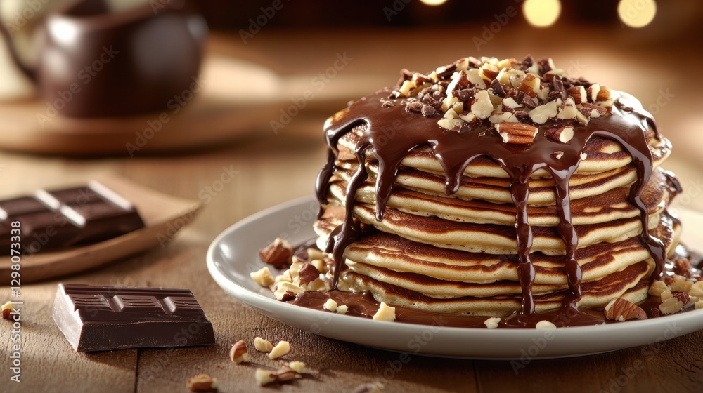 Poster indulgent stack of pancakes topped with rich chocolate and nuts at a cozy breakfast setting. generat
