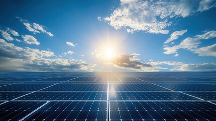 a vast solar farm with rows of gleaming solar panels under a bright blue sky, surrounded by lush greenery and distant hills.