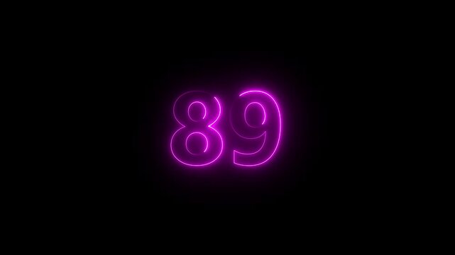 Neon text 89 number icon background. neon glowing countdown number 89 , Number 89 Animation. 89 percentage discount animated.