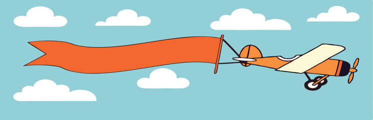 Plane with banner in flat style. Biplane flying with poster. Vector