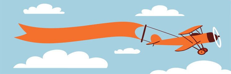 Plane with banner in flat style. Biplane flying with poster. Vector