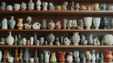an array of unique handmade ceramic pieces, from small cups to intricate vases, displayed on wooden shelves. 