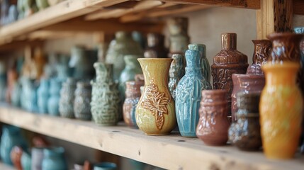 an array of unique handmade ceramic pieces, from small cups to intricate vases, displayed on wooden shelves. 