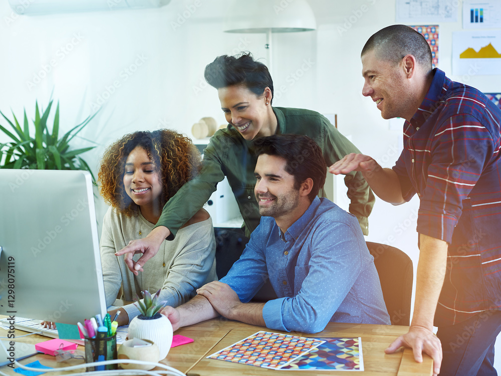 Leinwandbilder computer, pointing and smile with business people in office for planning or project management. coll