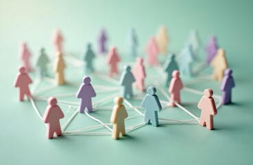 Pastel shades human resource, world wide web concept. Wooden figurines connected, recruitment management, business idea. Global social network, connection, communication, hr business strategy,