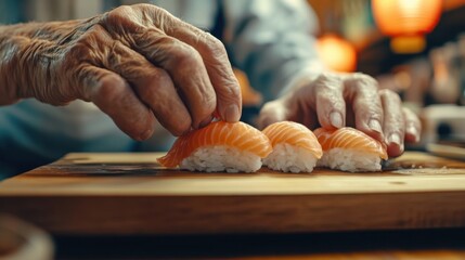 Elderly hands carefully preparing fresh salmon sushi on wooden board