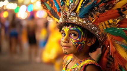 Young child with colorful face paint wearing elaborate carnival headdress