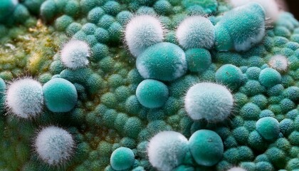Obraz premium Close-up mold spores growing: organic textures in green tones. Intriguing & detailed. Ideal for science backgrounds & unique abstract designs.