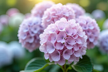 Obraz premium Soft Pink Hydrangea Bloom in Gentle Sunlight with Delicate Petals and Lush Green Leaves Creating a Dreamy and Serene Floral Close-Up in a Picturesque Garden