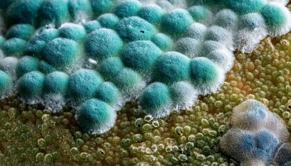 Close-up mold spores growing: organic textures in green tones.  Intriguing & detailed. Ideal for science backgrounds & unique abstract designs.

