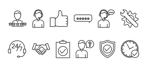 Customer satisfaction and support icons set. Collection of thin line symbols representing customer experience, feedback, technical support, and quality assurance. Vector illustration.