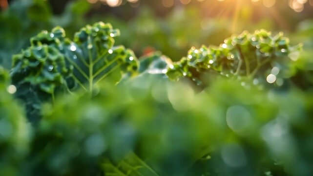 Close-up of fresh kale leaves glistening in the morning sunlight.