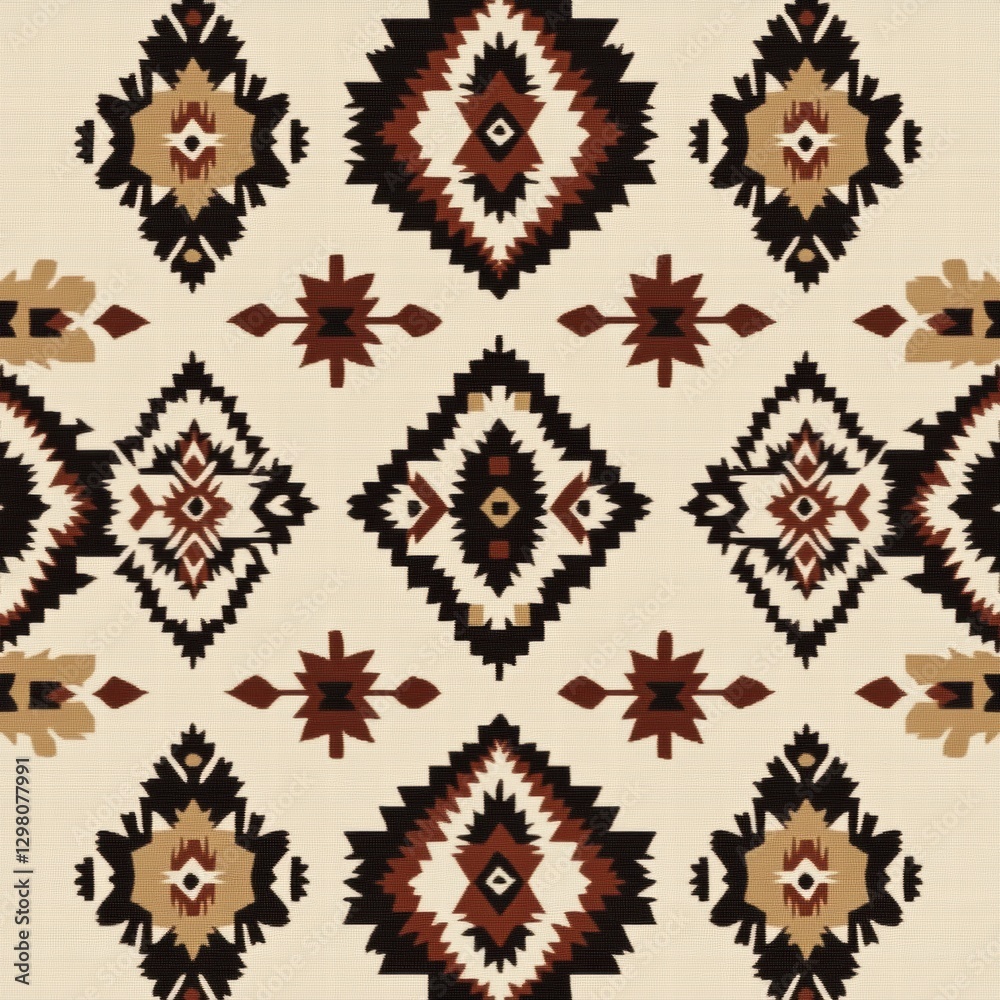 Poster colorful geometric textile design features intricate patterns and earthy tones, showcasing tradition