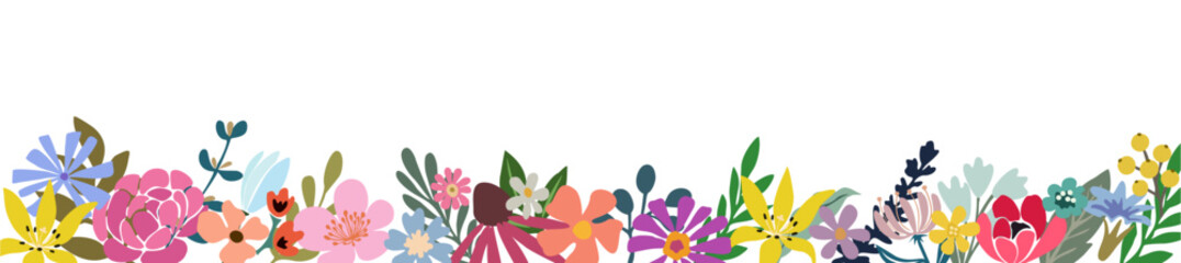 Horizontal floral banner, border, backdrop, overlay decorated with gorgeous multicolored blooming flowers and leaves. Summer botanical flat vector illustration isolated on white background.