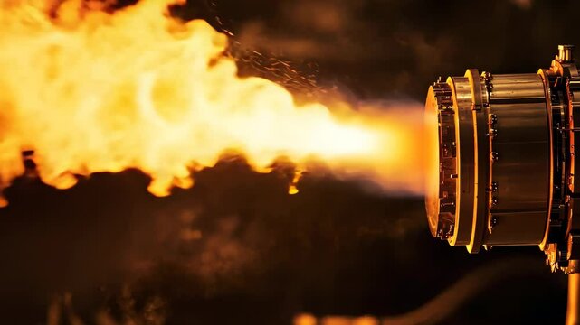 Rocket engine thrust chamber demonstrates powerful hot fire test with intense combustion effects, Rocket engine thrust chamber performing a hot fire engine test seamless ing