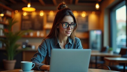 A stylish young female entrepreneur working on her laptop in a cozy, modern coffee shop. She looks confident and focused, with financial market graphs reflected in her glasses, warm ambient lighting, 