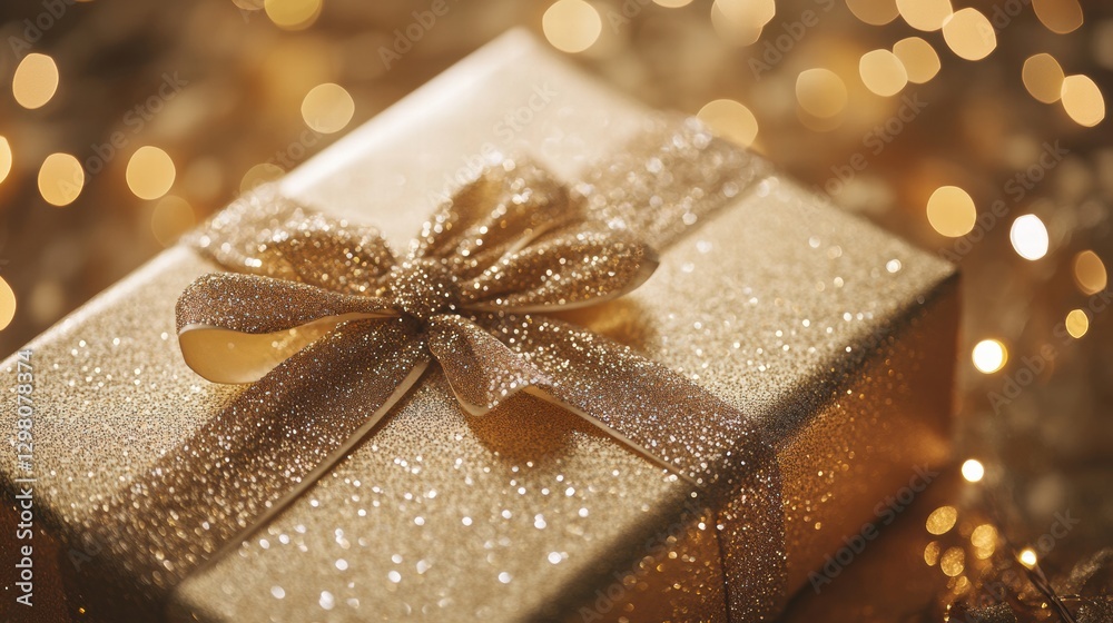 Aufkleber Golden gift box wrapped in shimmering ribbon with sparkling lights in the background during a festive celebration. Generative AI