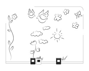 Wall mural with childish drawings and paint cans outline illustration. Ongoing painting project. Community art, creative expression 2D line scene isolated on white. Monochrome vector ink linear image