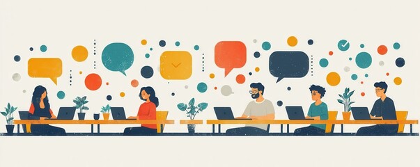 Illustration of a Collaborative Workspace with Diverse People and Colorful Speech Bubbles