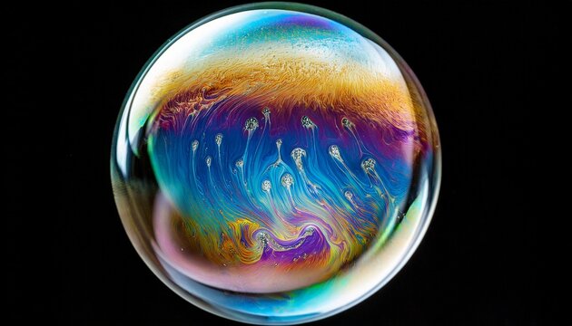 Delicate soap bubble about to pop: ultra-thin film, iridescent colors.  Fragile & ephemeral beauty. Ideal for abstract & scientific backgrounds.

