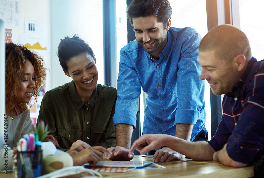 Poster design, smile and tablet with business people in office together for software development. creative,