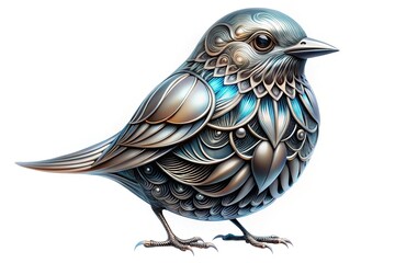 Fototapeta premium Chrome Bird Sculpture: Fractal Symmetry, Gray Industrial Design, Soft Fabric Textures
