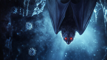 Bat hanging inside a cave, virus floating in background. Corona virus concept.