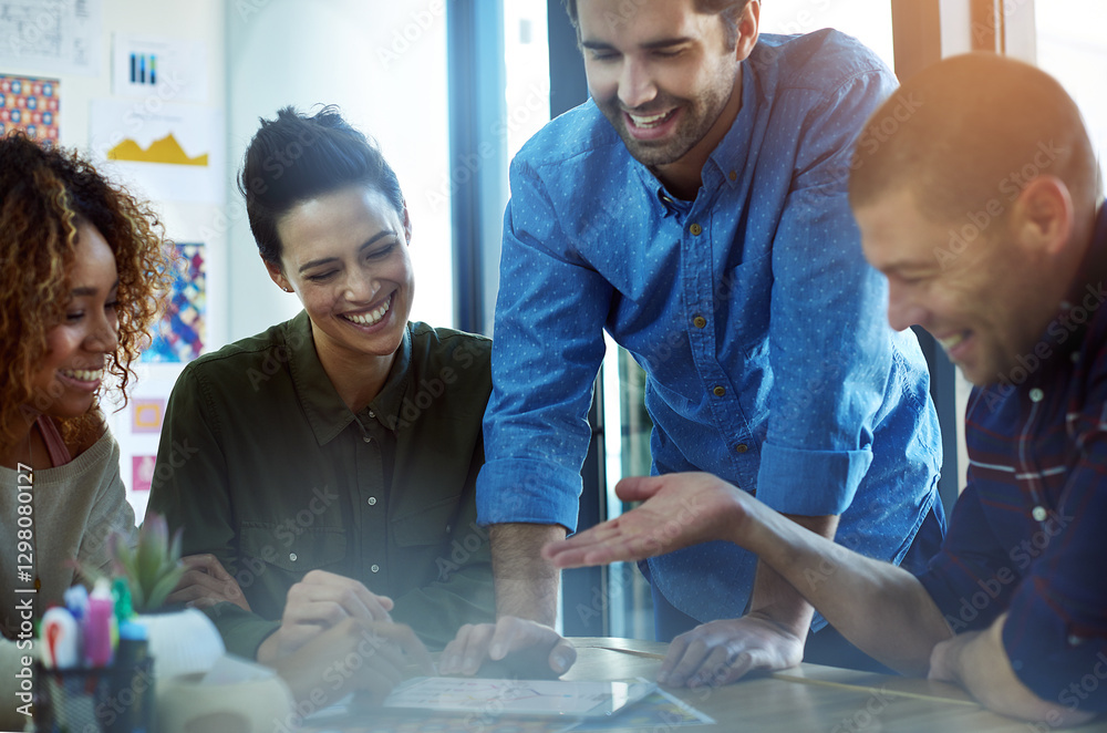 Poster collaboration, design and happy business people in office with tablet for software development. crea