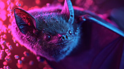 Bat hanging inside a cave, virus floating in background. Corona virus concept.