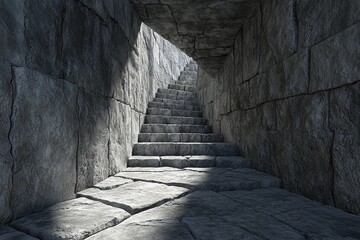 Cascading Light Illuminates Ancient Stone Staircase in Shadowed Corridor. Generative AI