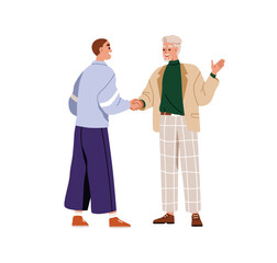 Handshake greeting, welcoming. Young and old men shaking hands in business communication. Professionals, senior older and younger partners. Flat vector illustration isolated on white background