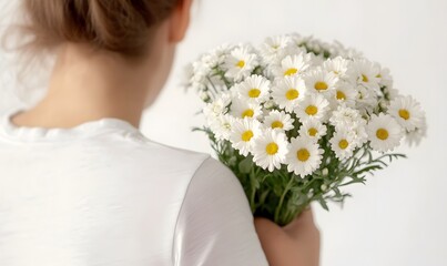 A happy woman hugs a bouquet of daisies, white background, Generative AI