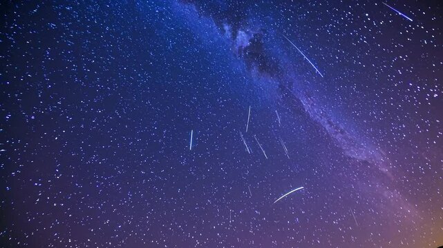 Night sky blazing with luminous meteor shower, streaking bright fragments illuminating expansive starry milky way backdrop, revealing cosmic celestial spectacle