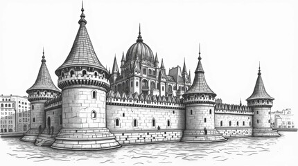 Fototapeta premium Detailed Etching of Fisherman's Bastion, Budapest