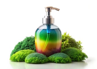 Eco-Friendly Foaming Pump Bottle with Rainbow Splash on Mossy Stone