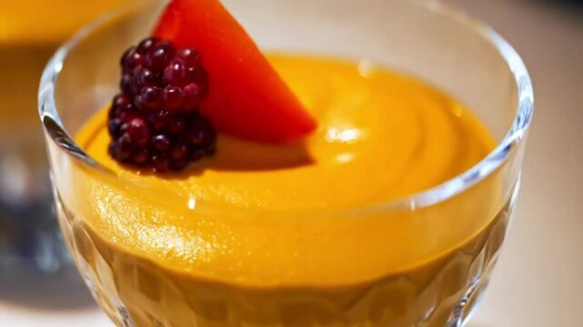 Smooth lucuma mousse dessert in a glass, golden tones, fresh fruit garnish, soft lighting
