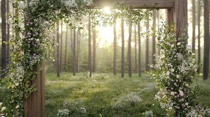 Rustic wedding arches adorned with wildflowers and greenery set against a sunlit forest backdrop, creating a serene romantic atmosphere.