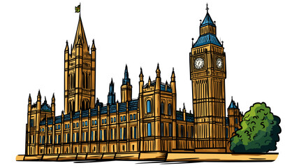 Vector comic hand-drawn illustration of Palace of Westminster. Palace of Westminster in London