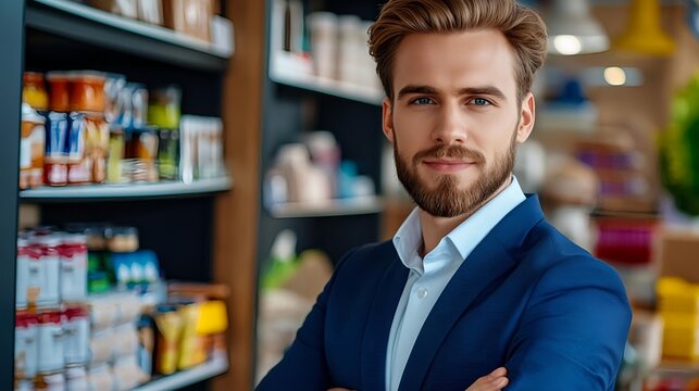 Confident Businessman in Modern Grocery Store -  Authentic & genuin.