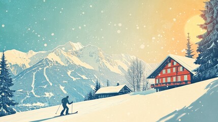 Retro skier in snowy landscape with chalet and mountains, evoking nostalgia and adventure.